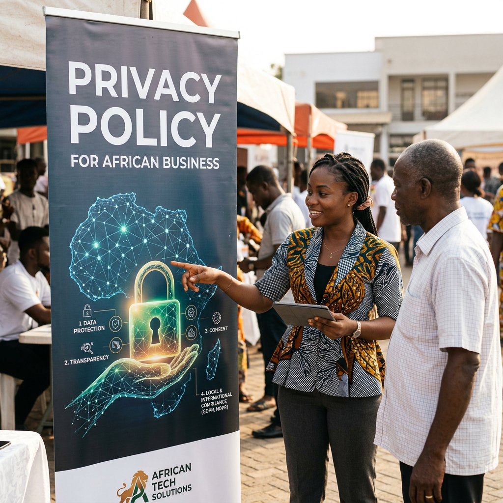 Woman pointing to a privacy policy banner for African business while talking to a man